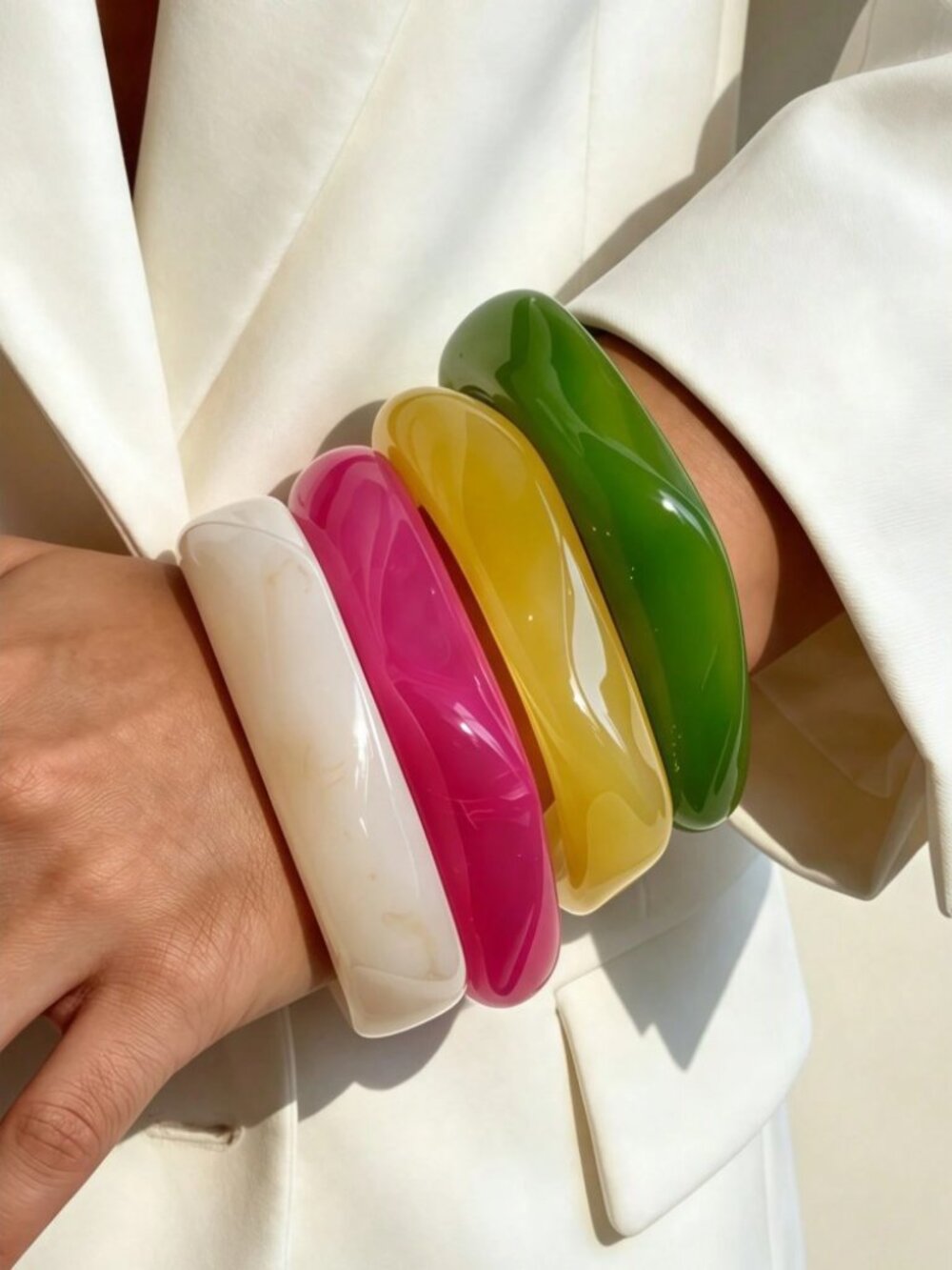 4Pc Multicolor Resin Bangle Set - Green, Pink, Yellow, Ivory